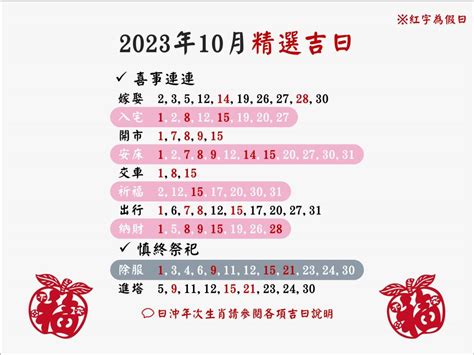 2023 10月交車吉日|假日 2023/10/1 (日) 宜祭祀 出行 交車 開市 立…